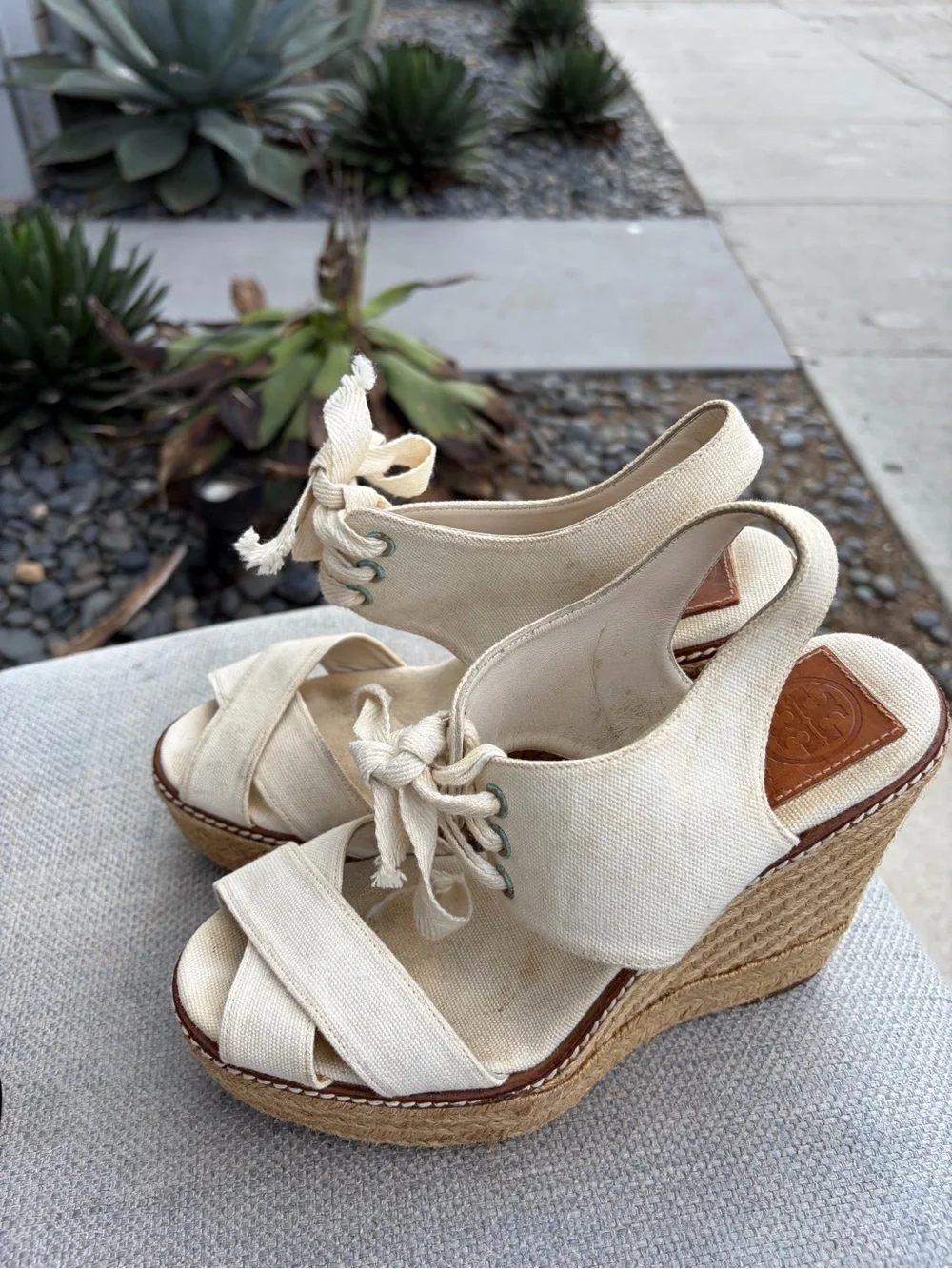 Tory Burch Cream Canvas Espadrille Wedge Sandals Size 8